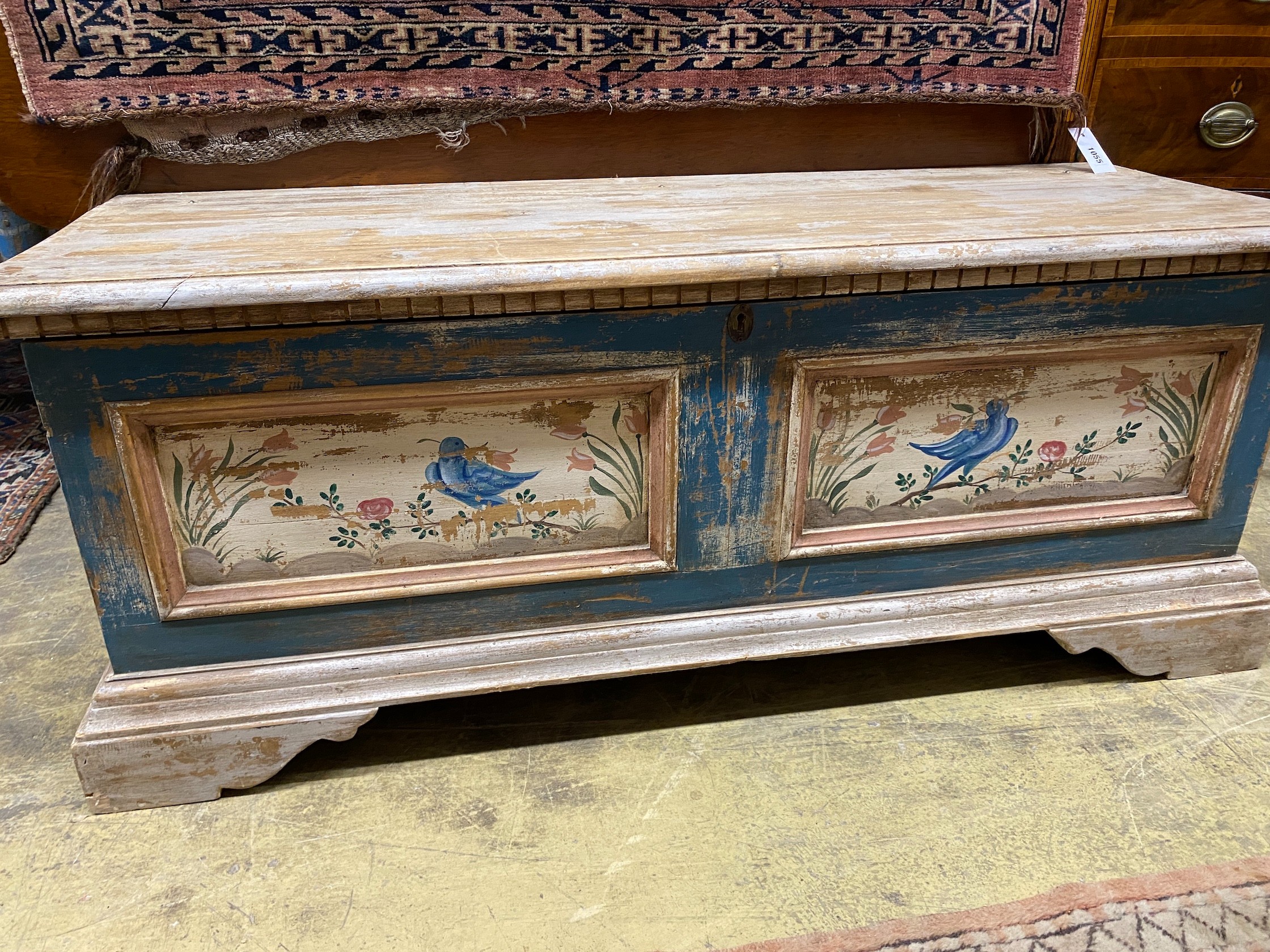 A rectangular Swiss style painted coffer, length 120cm, depth 42cm, height 48cm